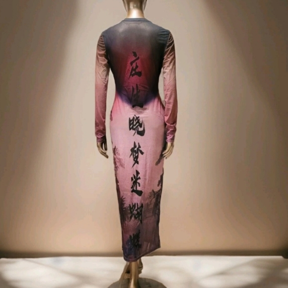 NWT Round Collar Oriental Text Print Mesh Bodycon Midi Dress Sz M - Picture 11 of 16